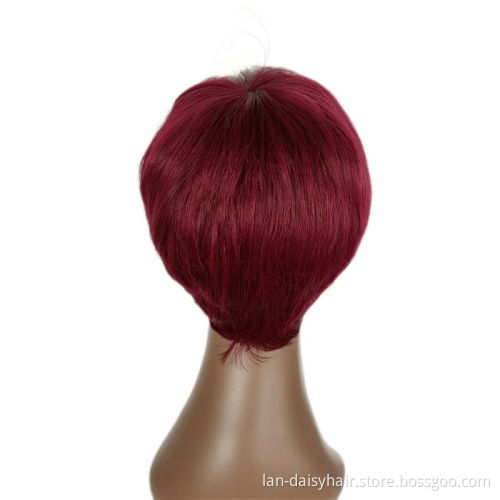 Short Pixie Cut Straight Hair Purple color Wig Peruvian Human Hair Wigs For Black Women 150% Glueless Machine Made Wig